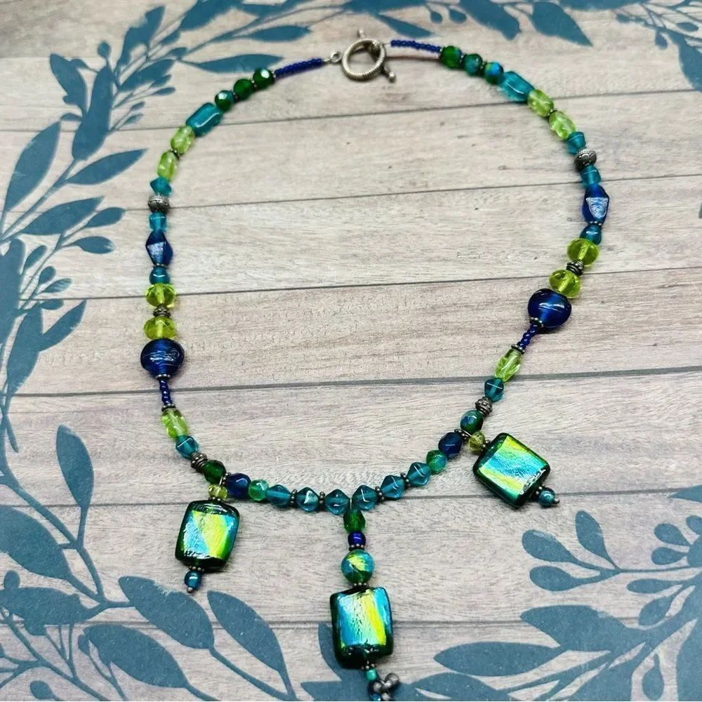 Silver Blue Green Dichroic Glass Necklace 17 In B3